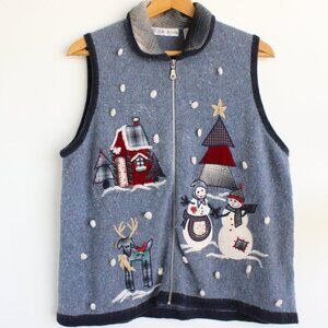 Victoria Jones Christmas Holiday Sweater Vest Snowman Reindeer Cottage VTG Sz L